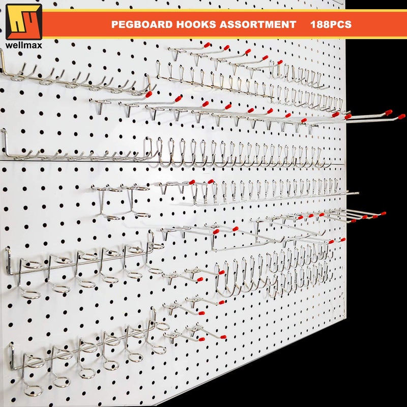 Wellmax 188-Piece Pegboard Hooks & Accessories â€“ Heavy Duty Peg Board Organizer for Garage, Workshop, Kitchen & Crafts | Fits 1/4 & 1/8 Inch Peg Holes â€“ Pegboard Storage Kit - Image 2
